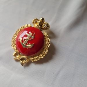 Nautical Red Enamel Anchor Crown Crest Laurel Wreath gold tone Pendant